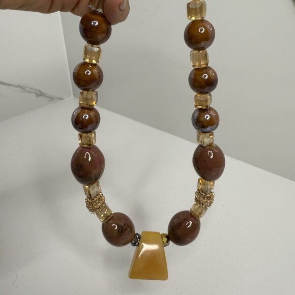 Vintage Statement  Necklace Semi Precious Stones Crystals Beige Brown Burgandy - Picture 7 of 8